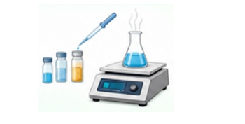 Sample preparation for gas chromatography, showing vials and a flask on a hot plate